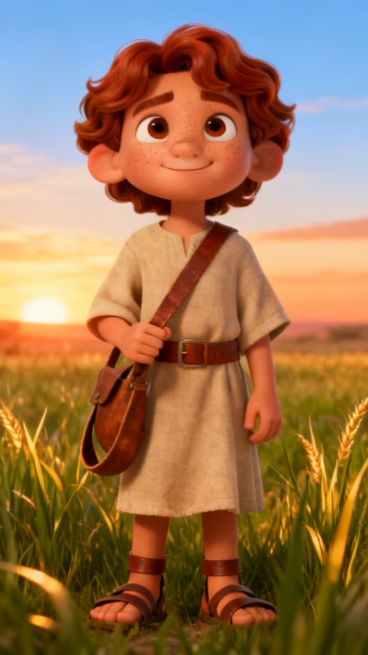 Menino pequeno parado num campo aberto ao entardecer, olhando para cima com expressão curiosa e desafiadora, como se encarasse algo muito maior do que ele