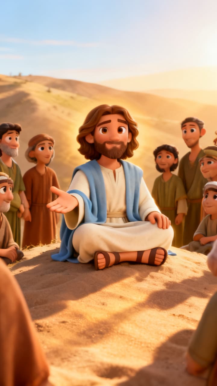 Jesus sentado numa colina com luz dourada de fim de tarde, cercado por discípulos e adultos atentos, numa cena ampla e acolhedora que antecede a chegada das crianças