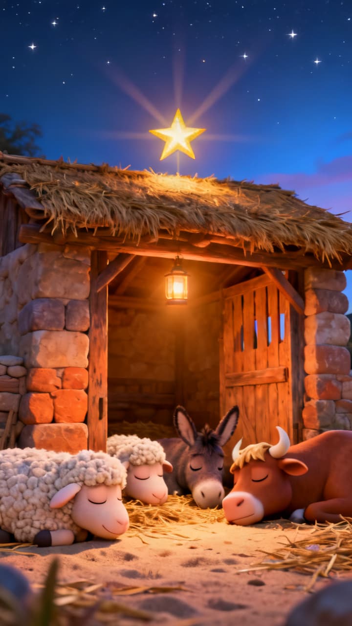 Estábulo simples iluminado por uma estrela brilhante no céu noturno, com animais dormindo tranquilos ao redor em paz