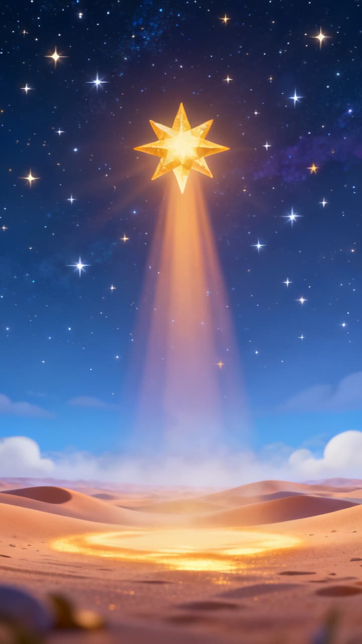 Céu noturno repleto de estrelas sobre o deserto árido, com uma estrela extraordinariamente brilhante se destacando entre todas e derramando luz dourada sobre a escuridão da noite